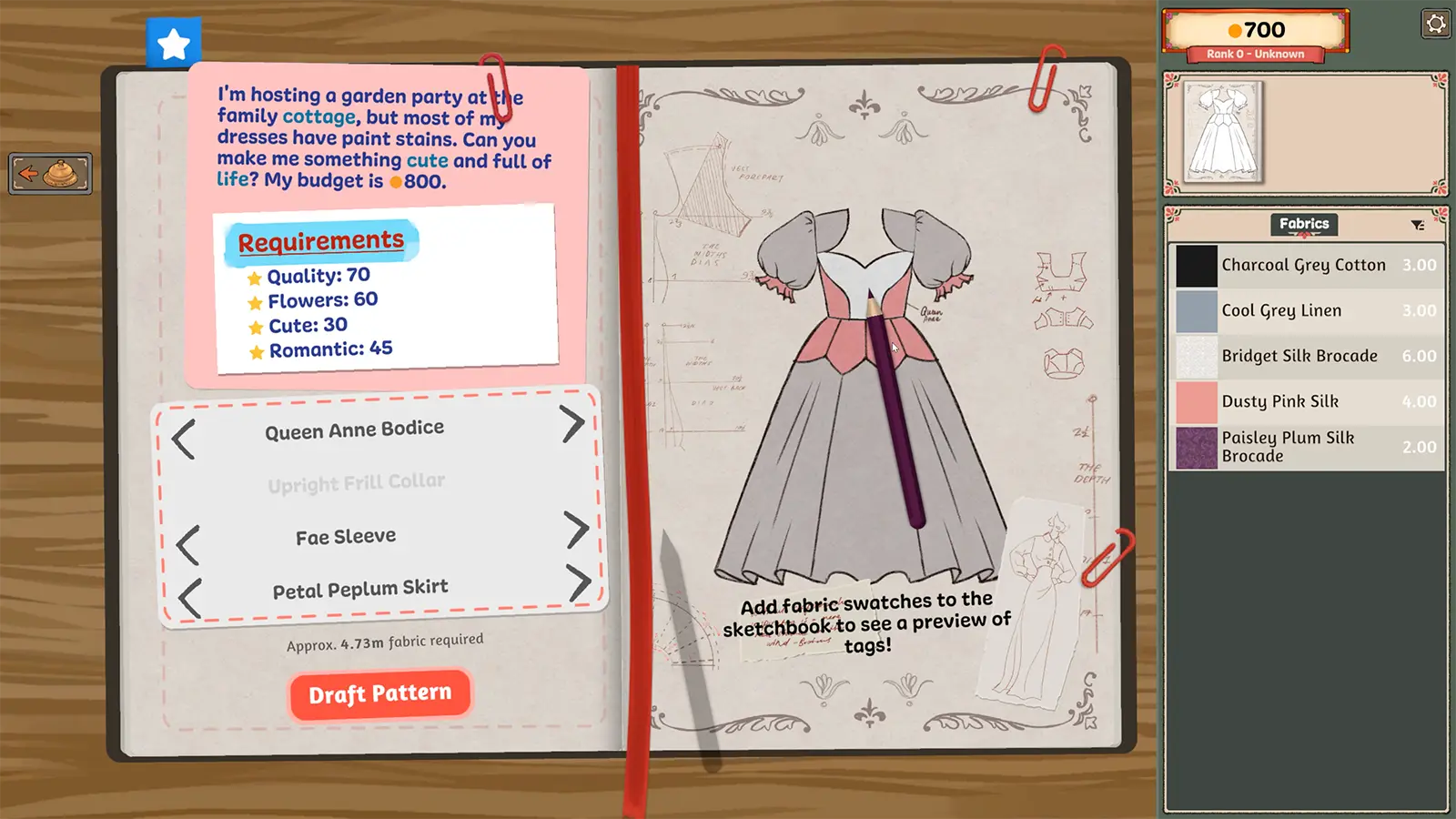 A commission brief pinned in the sketchbook listing Quality, Flowers, Cute and Romantic targets