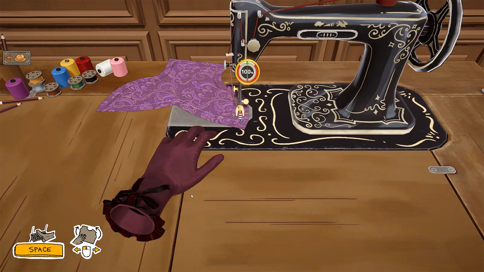 Guiding purple fabric through the sewing machine