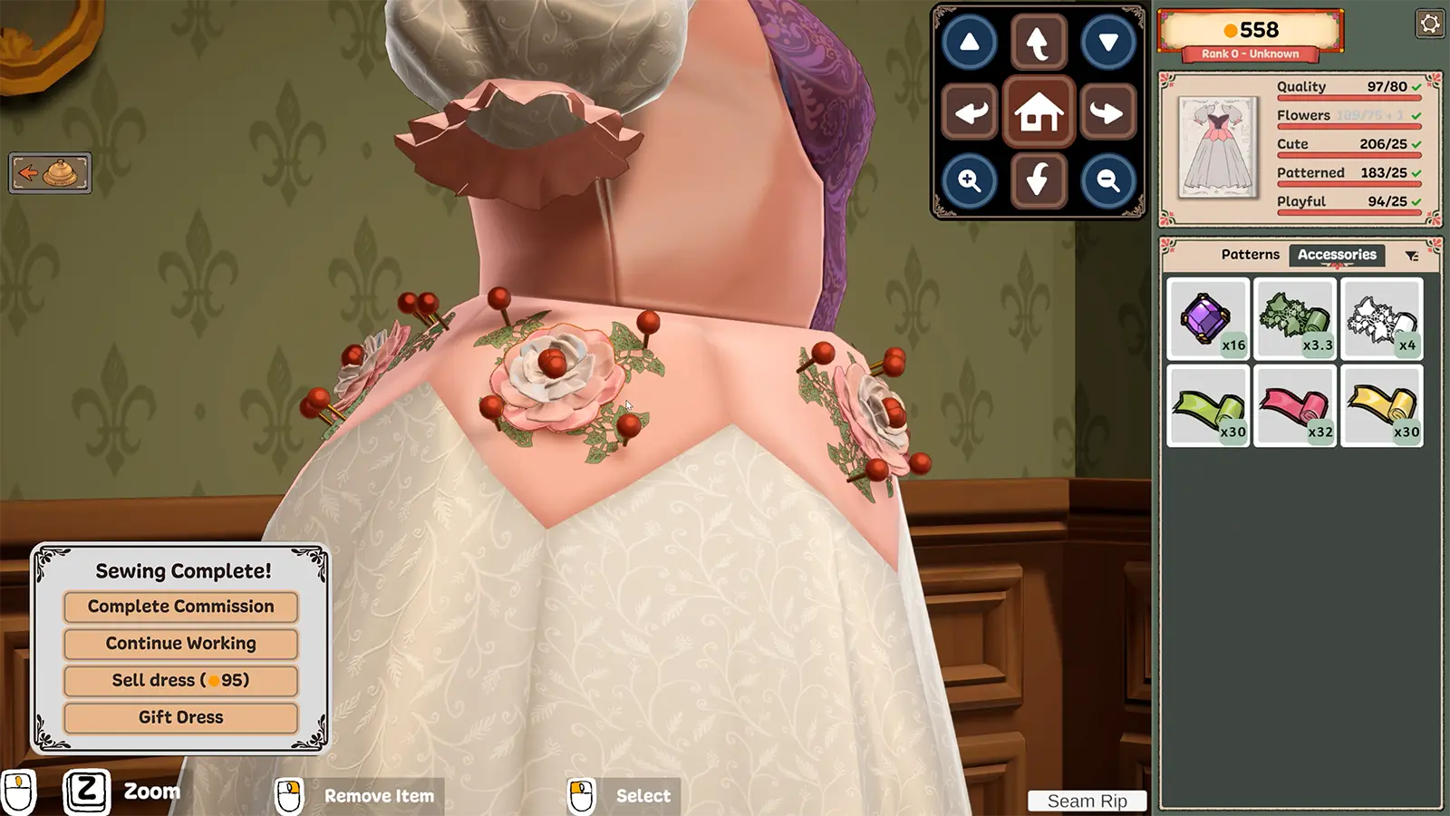 Decorating view with the camera control pad and on-screen hints for Zoom, Remove Item, Select and Seam Rip